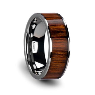 KALANI Flat Tungsten Carbide Wedding Band with Rare Koa Wood Inlay and Polished Edges - 6mm - 10mm