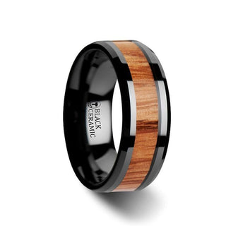 OBLIVION Red Oak Wood Inlaid Black Ceramic Ring with Bevels - 10mm