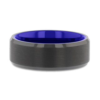 RIGEL Flat Beveled Edges Black Tungsten Ring with Brushed Center and Vibrant Blue Inside - 6mm & 8mm