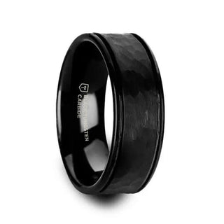 JOINER Hammered Finish Center Black Tungsten Carbide Wedding Band with Dual Offset Grooves and Polished Edges - 6mm or 8mm