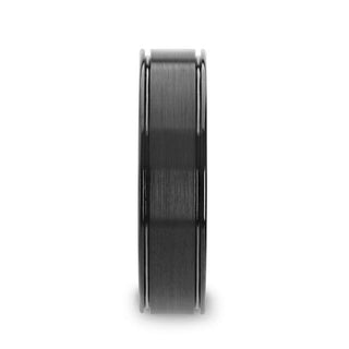 TURNER Flat Brushed Finish Center Black Tungsten Carbide Wedding Band with Dual Offset Grooves and Polished Edges - 6mm & 8mm