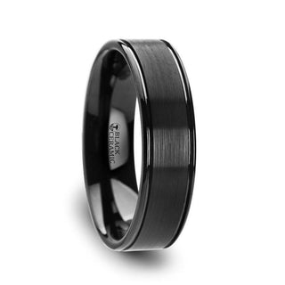 BLACKHEART Flat Brushed Finish Center Black Ceramic Wedding Band with Dual Offset Grooves and Polished Edges - 6mm or 8mm