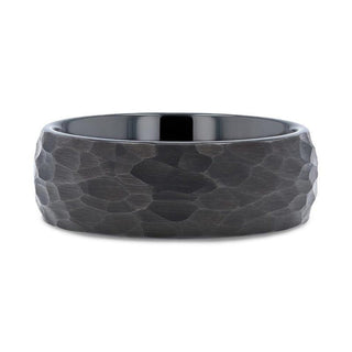 RENEGADE Domed Hammer Finish Black Tungsten Carbide Wedding Band with Brushed Finish - 6mm or 8mm