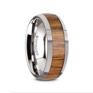 THEKKA Domed Tungsten Carbide Polished Edges Teak Wood Inlaid Men’s Wedding Ring - 8mm