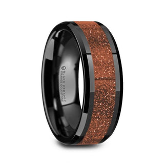 BOLIN Men’s Black Ceramic Polished Finish Beveled Edges Wedding Band with Orange Goldstone Inlay - 8mm