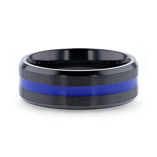 DECLAN Men’s Beveled Black Ceramic Brushed Finish Wedding Band with Polished Blue Stripe - 8mm