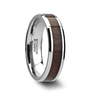 HALIFAX Tungsten Wedding Band with Bevels and Black Walnut Wood Inlay - 4mm - 12mm