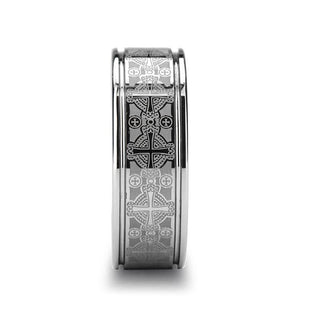 DEACON Flat Tungsten Ring Laser Engraved Celtic Crosses - 8mm