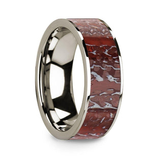 Flat 14k White Gold with Red Dinosaur Bone Inlay - 8mm