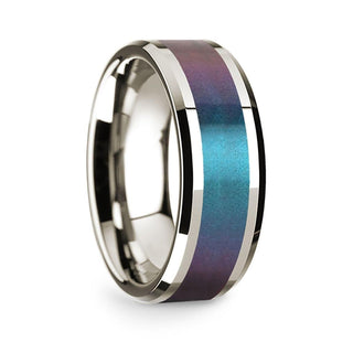 14k White Gold Polished Beveled Edges Wedding Ring with Blue and Purple Color Changing Inlay - 8 mm