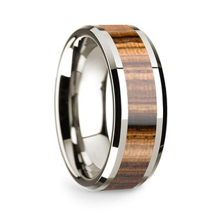 14k White Gold Polished Beveled Edges Wedding Ring with Zebra Wood Inlay - 8 mm