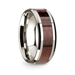 14k White Gold Polished Beveled Edges Wedding Ring with Redwood Inlay - 8 mm
