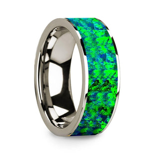 Men’s 14k White Gold & Green/Blue Opal Inlaid Flat Wedding Band - 8mm