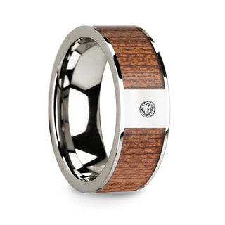 Men’s Polished 14k White Gold Wedding Band with Cherry Wood Inlay & Diamond Center - 8mm