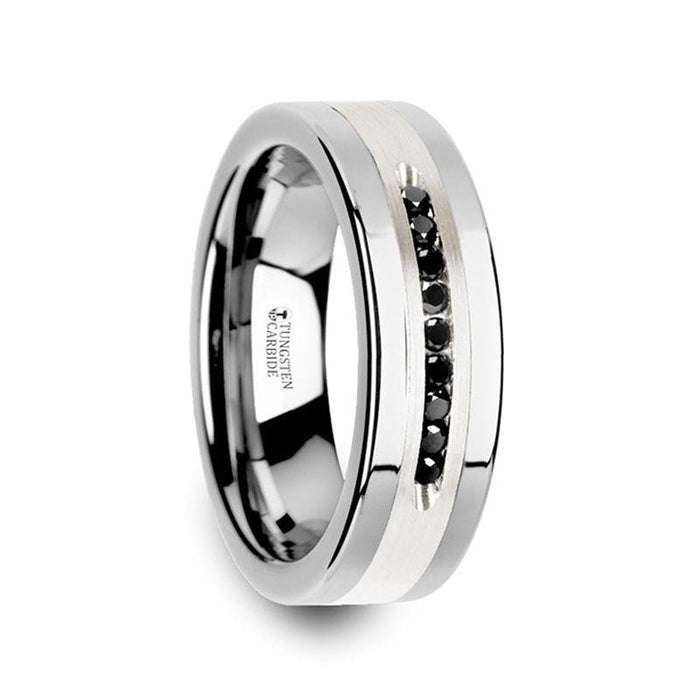 BLACKSTONE Flat Tungsten Wedding Band with Brushed Silver Inlay Center ...